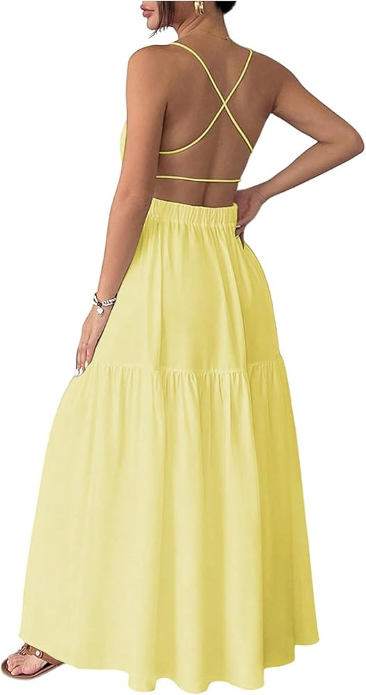 SOLY HUX Women's Summer Maxi Dress Criss Cross Backless Spaghetti Strap Ruffle Flowy Long Cami Dr... | Amazon (US)