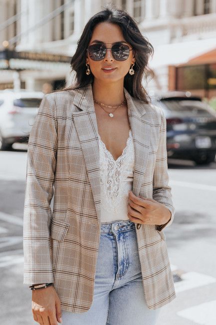 Single-Breasted Beige Plaid Blazer | Magnolia Boutique