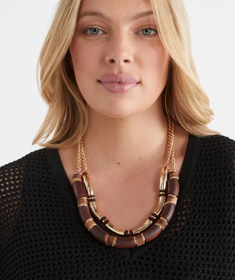 Spliced Gold & Wooden Layered Necklace | Sussan