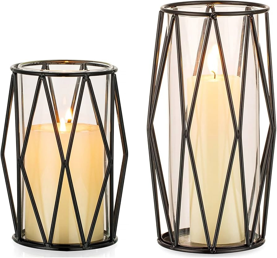 Nuptio Black Pillar Candle Holders - Glass Candles Holder with Geometric Metal Rack Stand for Wed... | Amazon (US)