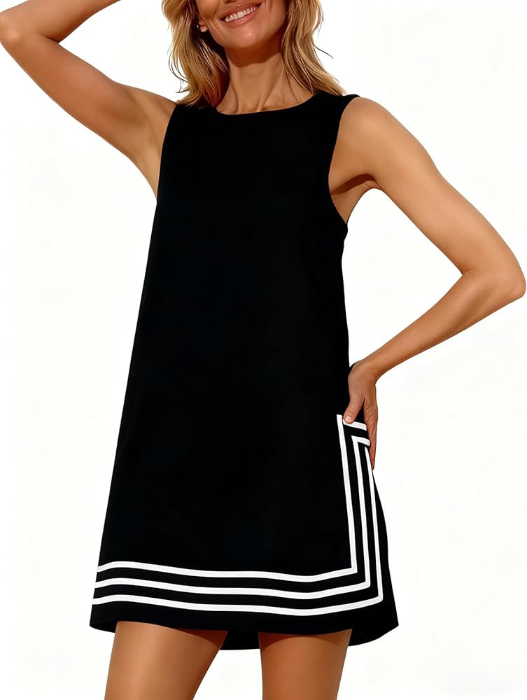 Womens Summer Boho A-Line Mini Dress Sleeveless Sundress Color Block Beach Coverups | Amazon (US)
