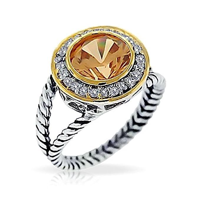 Round Champagne CZ Two Tone Double Cable Sterling Silver Ring | Amazon (US)