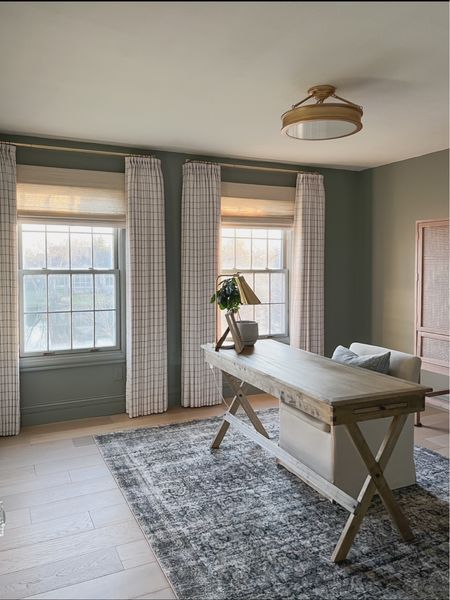 Paint color is BM Puritan Gray

Home office, home decor, two pages curtains, Roman shades, Loloi rug, world market, Home Depot, 

#LTKstyletip #LTKsalealert #LTKhome
