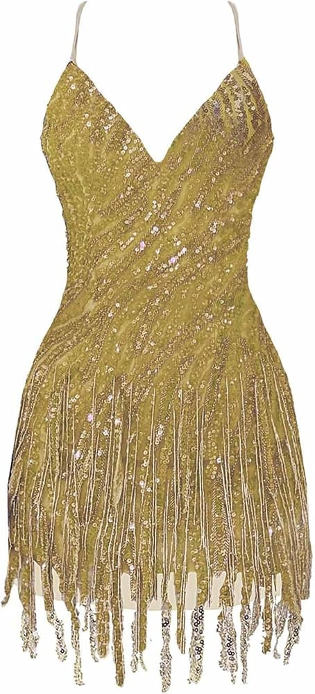 Sparkly Sequin Short Homecoming Dress for Teens V Neck Mini Cocktail Party Gowns with Tassel | Amazon (US)