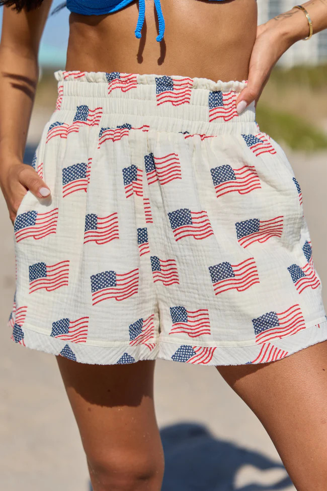 Ready For A Change Cream Flag Print Gauze Shorts | Pink Lily