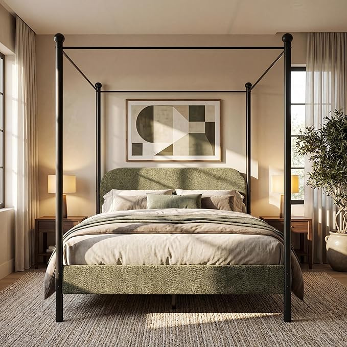 Christopher Knight Home Queen Size Upholstered Canopy Bed Frame with Boucle Fabric, Curved Headbo... | Amazon (US)