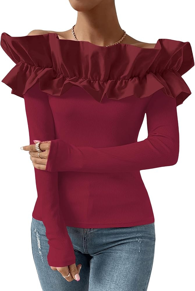OYOANGLE Women's Long Sleeve Rib Knit Ruffle Off Shoulder Blouse Party Tops Shirt | Amazon (US)