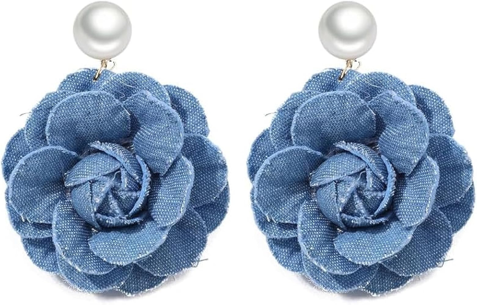 Denim Camellia Flower Dangle Earrings for Women Cowboy Statement Big Exaggerated Fabric Hoop Hugg... | Amazon (US)