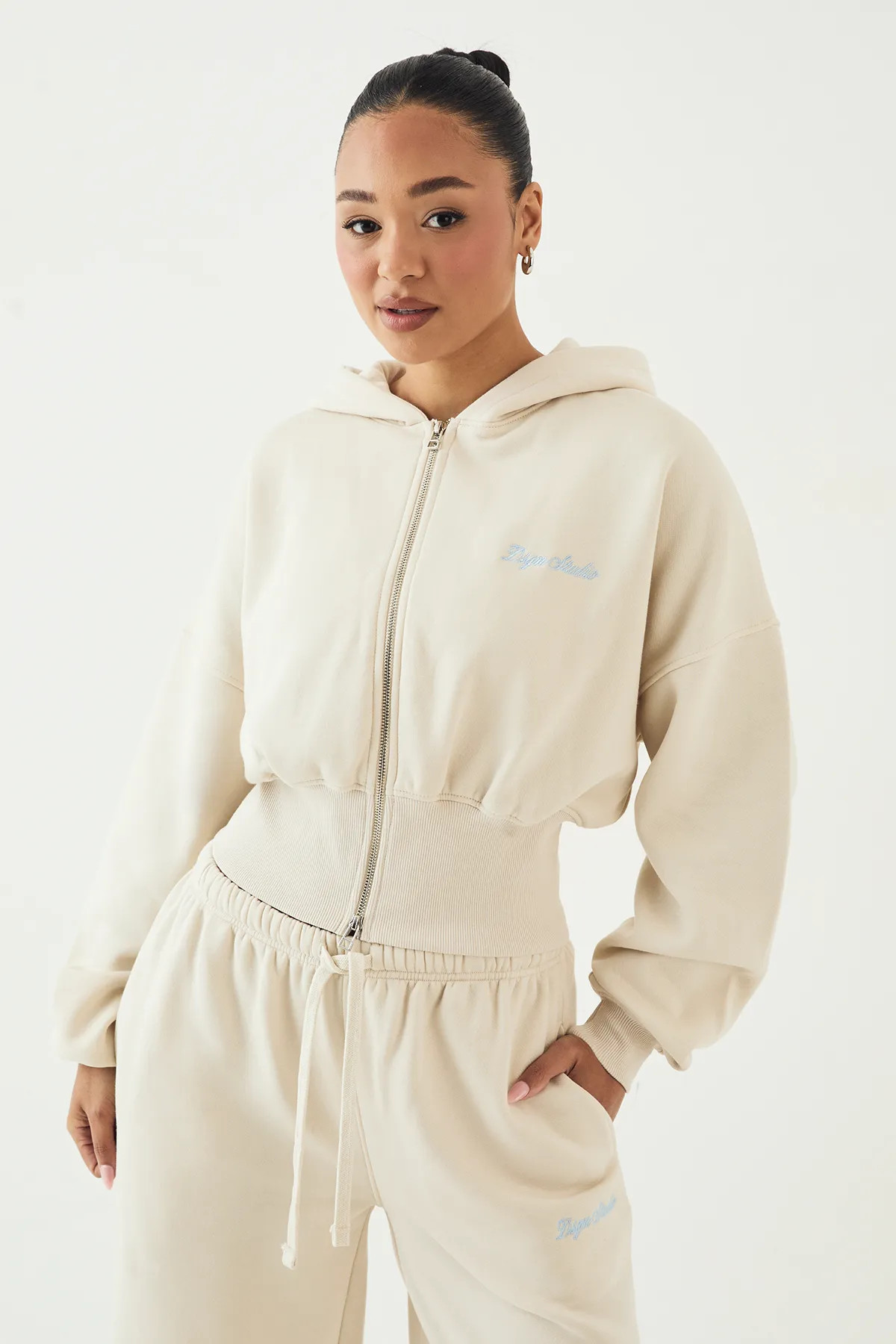 Hoodies & Sweatshirts | DSGN Studio Script Embroidered Cinched Deep Hem Zip Through Hoodie | DSGN... | boohoo (US & Canada)