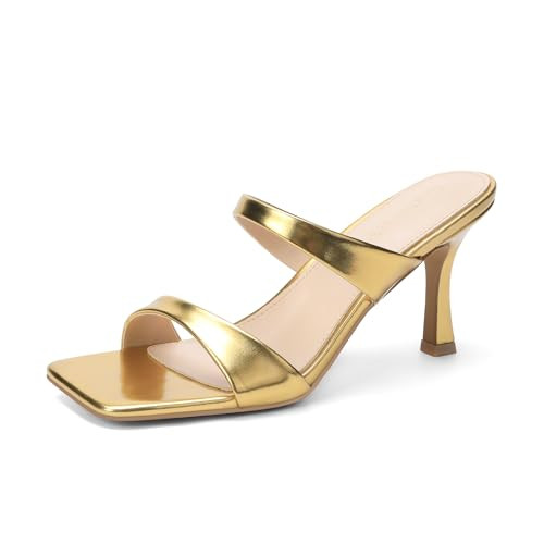 Kitten Heels for Women Two Strap Square Open Toe Mules Heels Slip On Mid Heeled Sandals | Amazon (US)