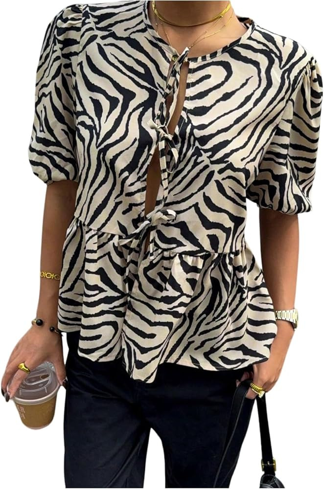 SweatyRocks Women's Zebra Print Ruffle Blouses Bow Tie Front Puff Sleeve Peplum Tops | Amazon (US)