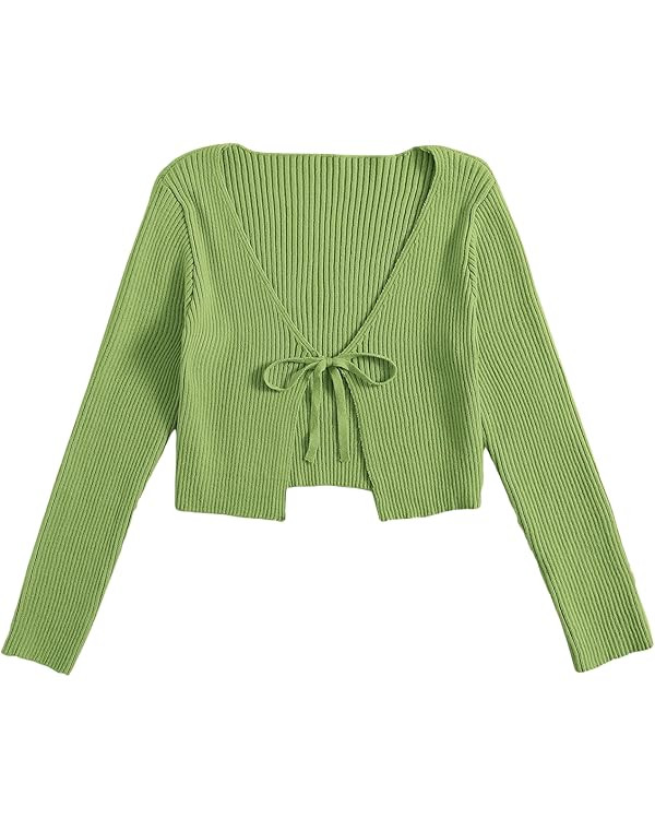 Floerns Women's Tie Front Long Sleeve Rib Knit Cardigan Crop Top | Amazon (US)