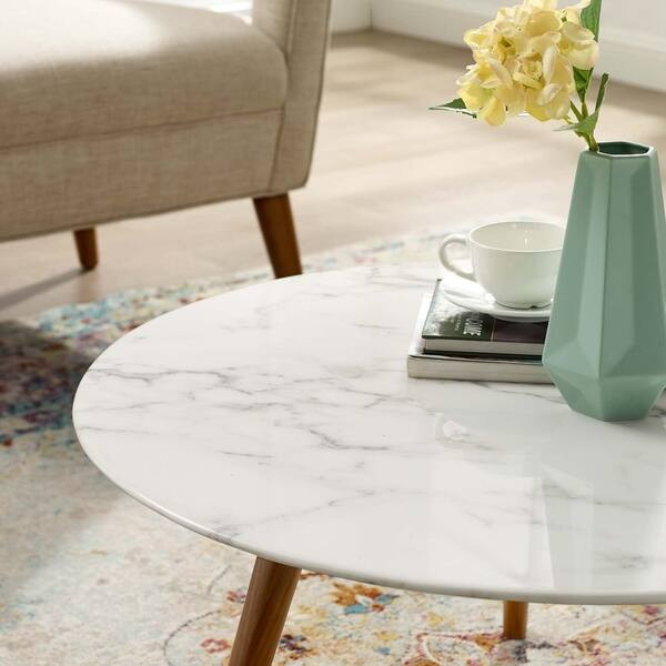 Lippa 28" Round Artificial Marble Coffee Table with Tripod Base - Walnut White | Bed Bath & Beyond