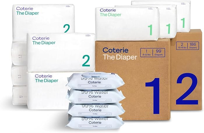 Coterie Baby Wipes + Diapers Kit, Size 1 (99 Count) & Size 2 Diapers (186 Count), 4 Pack (224) Ba... | Amazon (US)