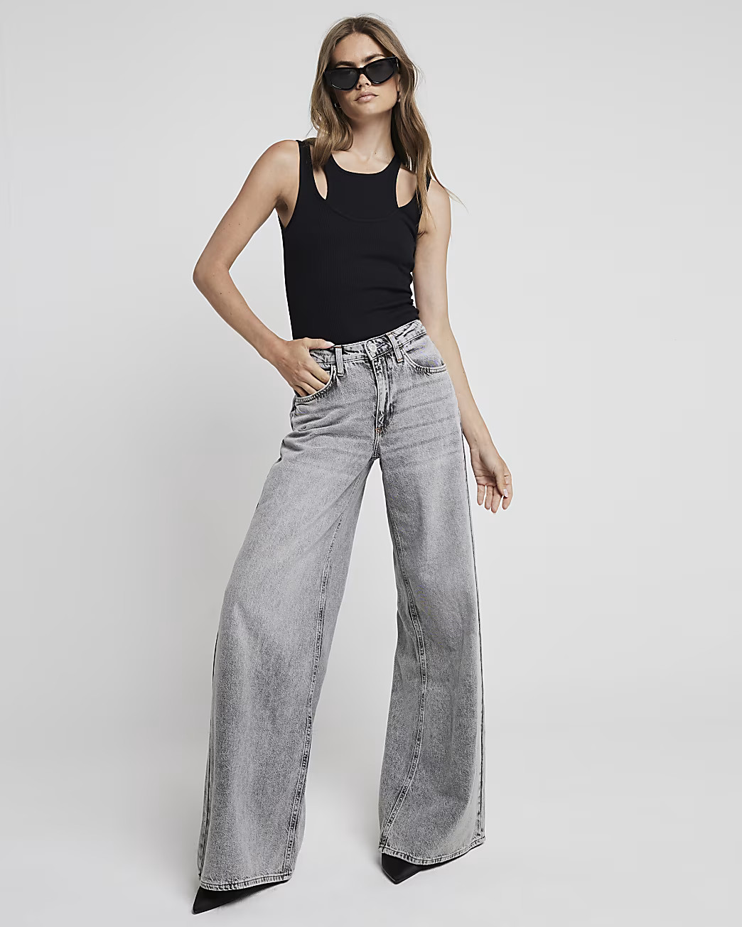 Grey Mid Rise elastic back palazzo Jeans | River Island UK & IE