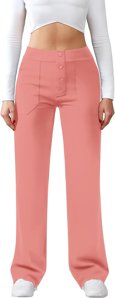 Womens Casual High Waist Straight Leg Pants Stretchy Button Business Dress Work Pocket Trousers | Amazon (US)