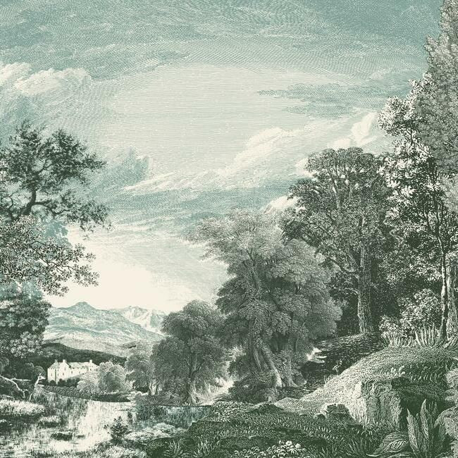Provincial Scenic Wall Mural in Teal from the Murals Resource Library  – BURKE DECOR | Burke Decor