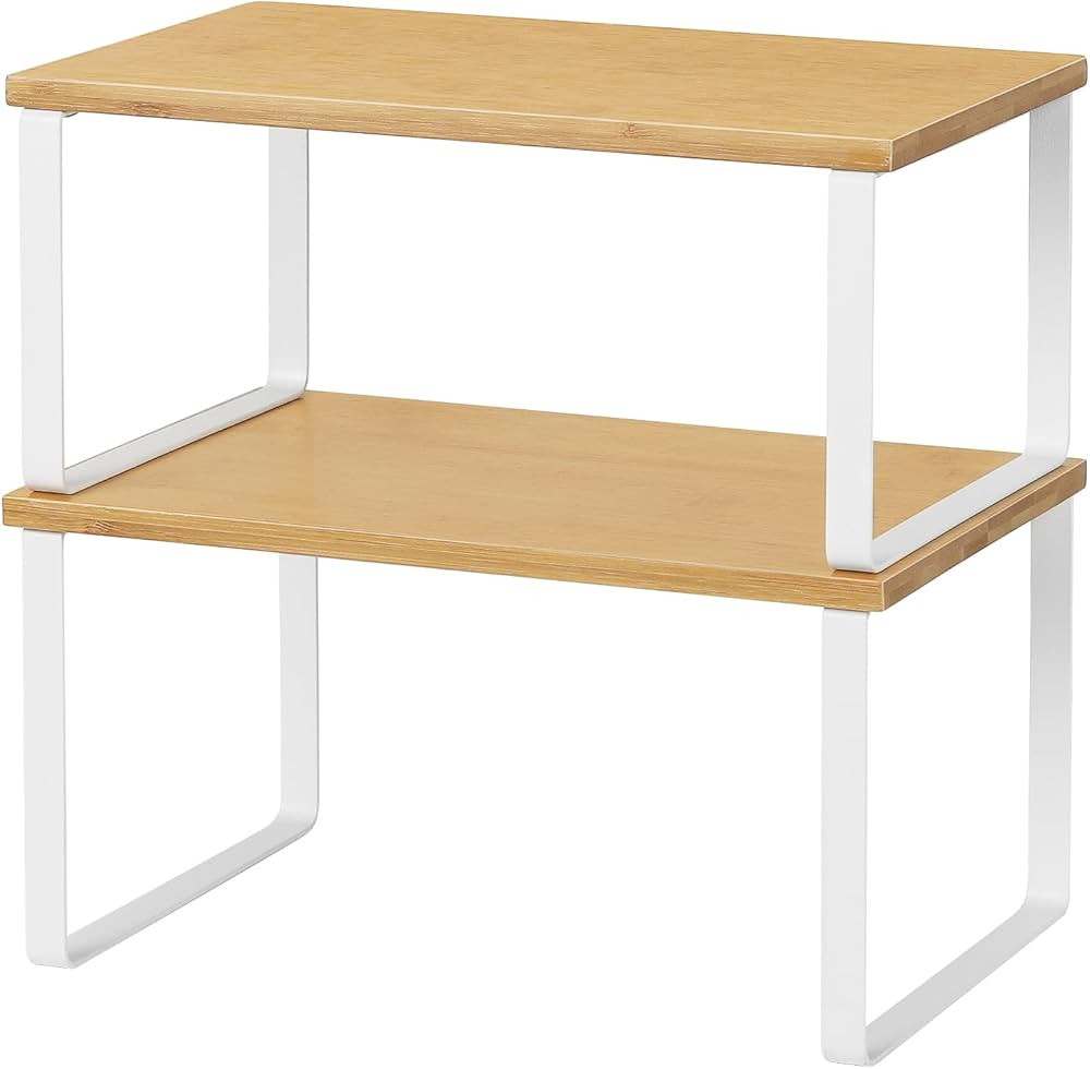 NEX Kitchen Cabinet and Counter Shelf Organizer, Stackable & Expandable, White and Natural | Amazon (US)