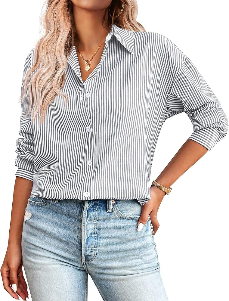 Zeagoo Striped Button Down Shirts for Women Casual Loose Long Sleeve Shirts Business Work Tunic T... | Amazon (US)