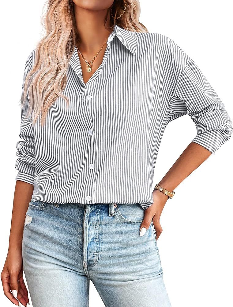 Zeagoo Womens Button Down Shirts for Women Loose Striped Long Sleeve Cotton Blouses Dressy Casual... | Amazon (US)