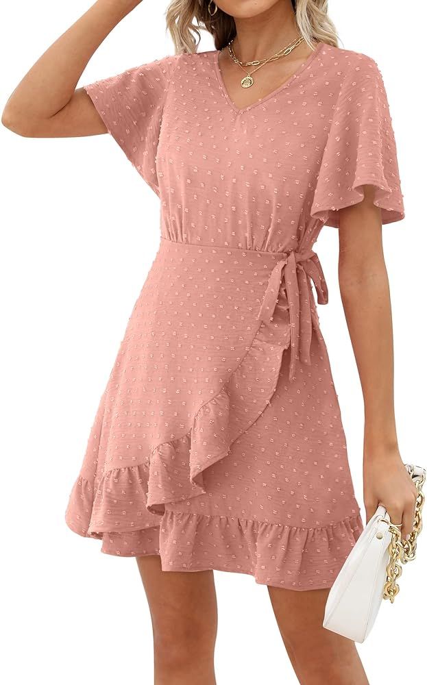 NIASHOT Summer Dresses for Women Wrap V Neck Swiss Dot Ruffle Mini Dress | Amazon (US)