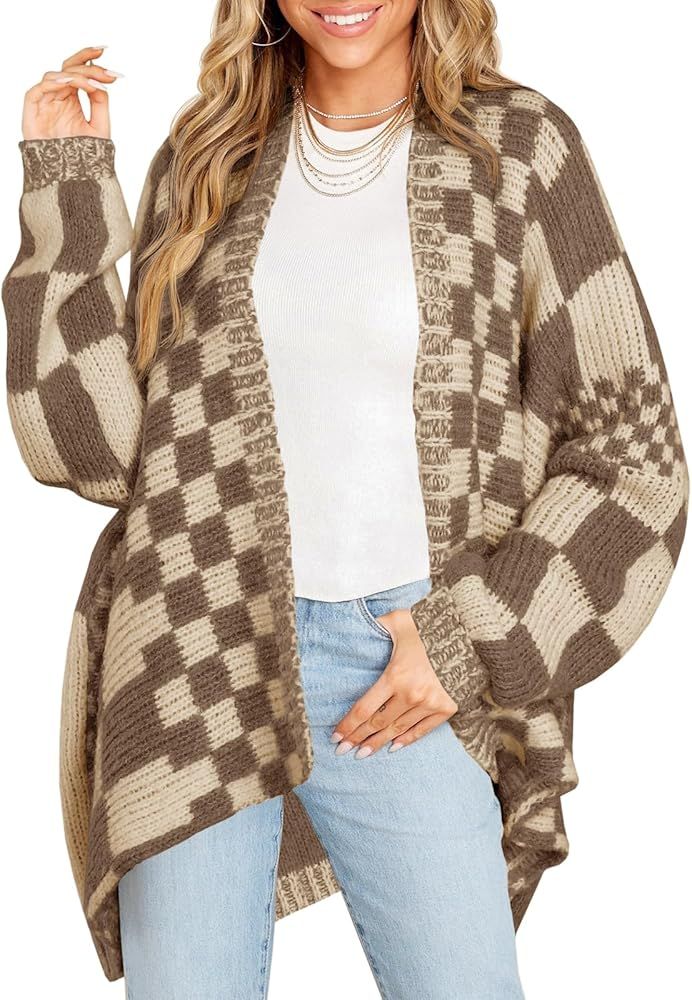 Saodimallsu Womens Checkered Sweater Color Block Plaid Cardigans Oversized Long Sleeve Knit Open ... | Amazon (US)