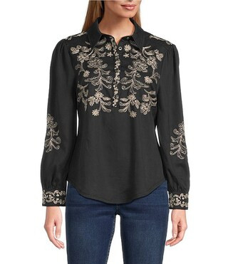 Reba Prescott Woven Point Collar Long Sleeve Embroidered Peasant Shirt | Dillard's | Dillard's
