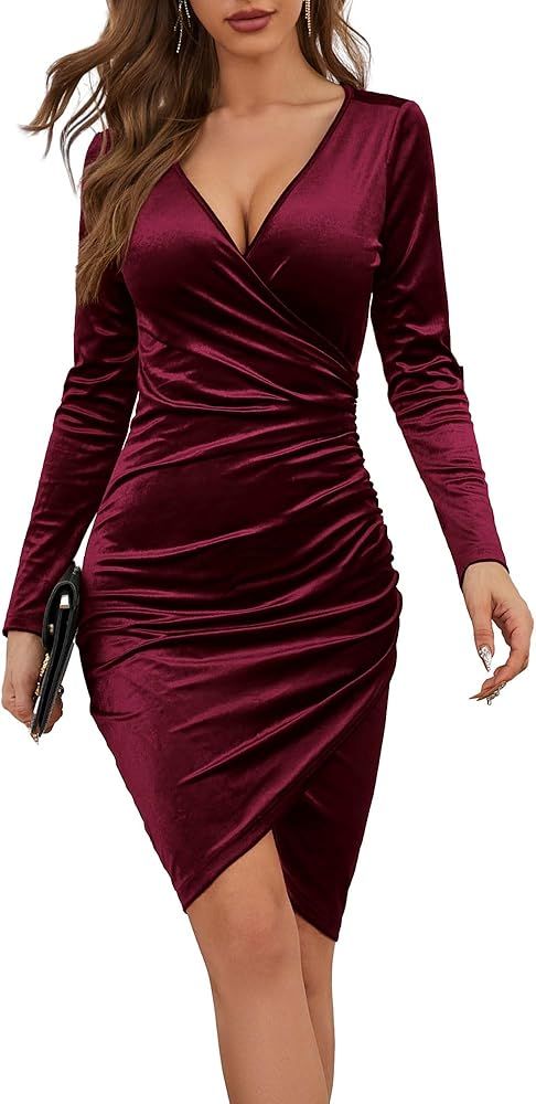 GUBERRY Womens Wrap V Neck Long Sleeve Velvet Bodycon Ruched Cocktail Party Dress | Amazon (US)