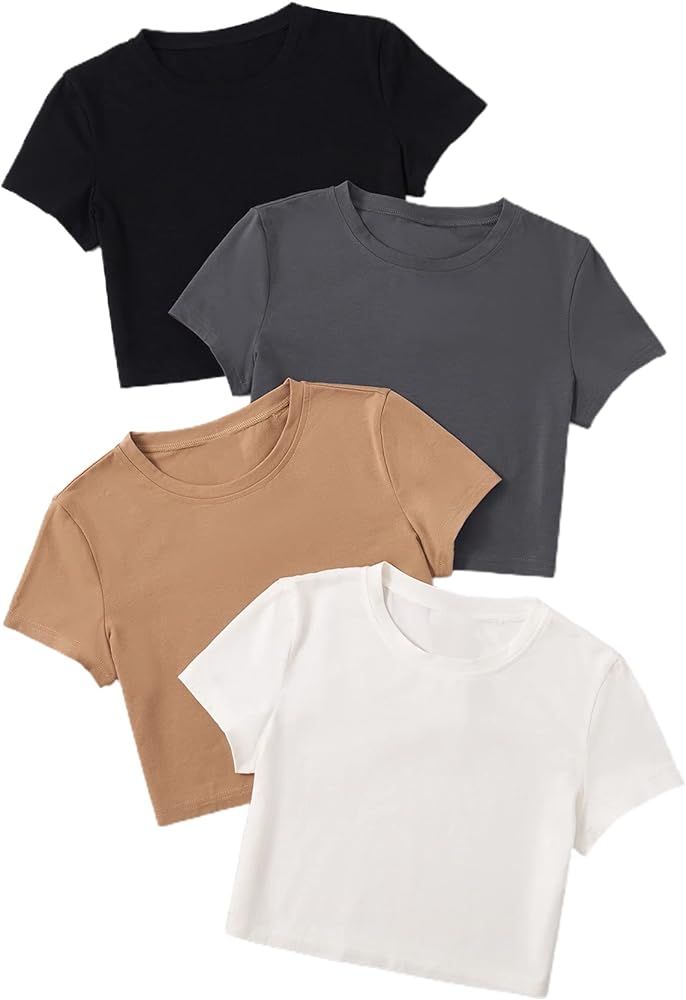 SheIn Women's 4 Pieces Round Neck Short Sleeve Crop T Shirt Solid Slim Casual Tee Top | Amazon (US)