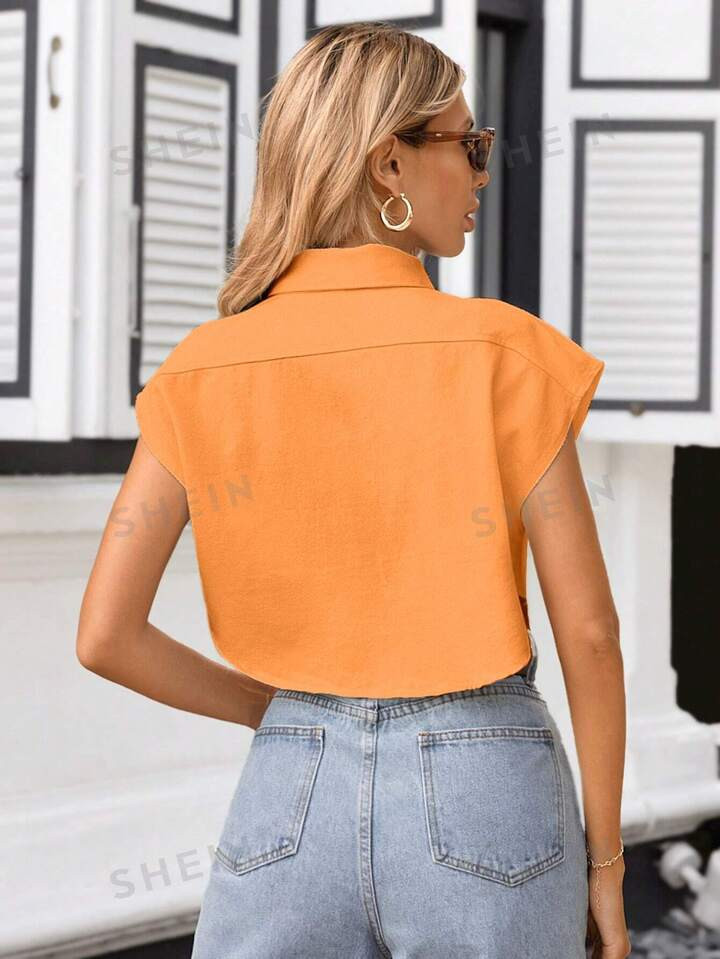 SHEIN Essnce Women's Solid Color Shirt With Turn-Down Collar, Asymmetrical Hem And Front Button, ... | SHEIN