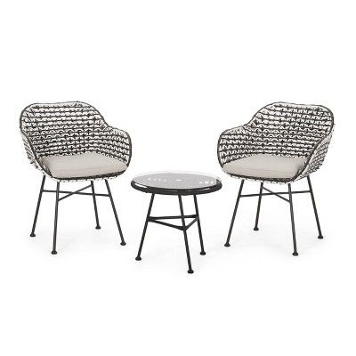 Beulah 3pc Patio Wicker Chat Set - White/Beige/Black - Christopher Knight Home | Target
