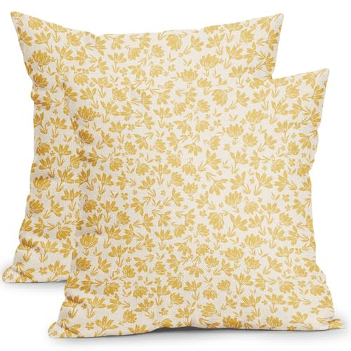 Vintage Flower Pillow Covers 22x22 Inch Set of 2 Yellow and Cream Floral Outdoor Throw Pillow Covers Cute Small Floral Print Rustic Farmhouse Pillowcases Cotton Linen Cushion Covers for Couch Decor | Amazon (US)