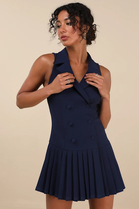 Posh Vision Navy Sleeveless Blazer Pleated Mini Dress | Lulus