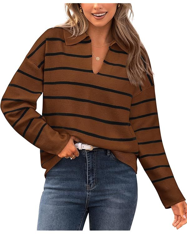 CFLONGE Women's Casual Striped Pullover Sweater Long Sleeve Polo V Neck Lightweight Loose Fit Dro... | Amazon (US)