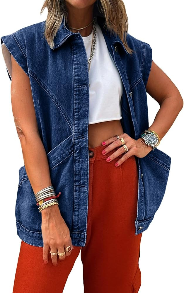 PLNOTME Womens Oversized Sleeveless Denim Vest Classic Button Down Jean Vest Casual Utility Lapel... | Amazon (US)