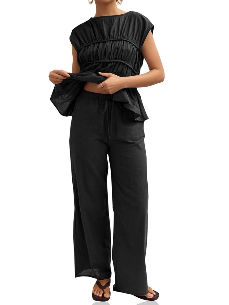 Tankaneo Womens 2 Piece Outfits Pleated Cap Sleeve Babydoll Blouse Wide Leg Pants Cotton Travel V... | Amazon (US)