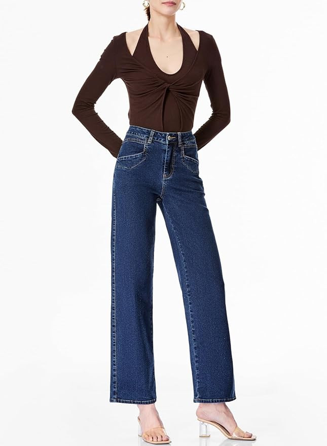 Sidefeel Women's Wide Leg Jeans High Waisted Stretchy Jeans Straight Leg Zimbaplatinum Ankle Deni... | Amazon (US)