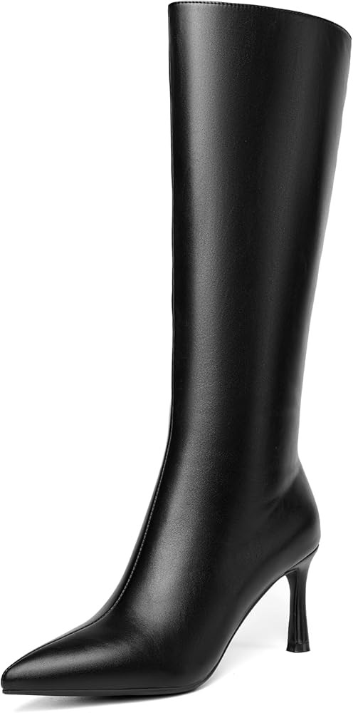 olomisa Knee High Boots for Women Pointed Toe Stiletto Heel Boots PU Long Boots Side Zipper Tall ... | Amazon (US)