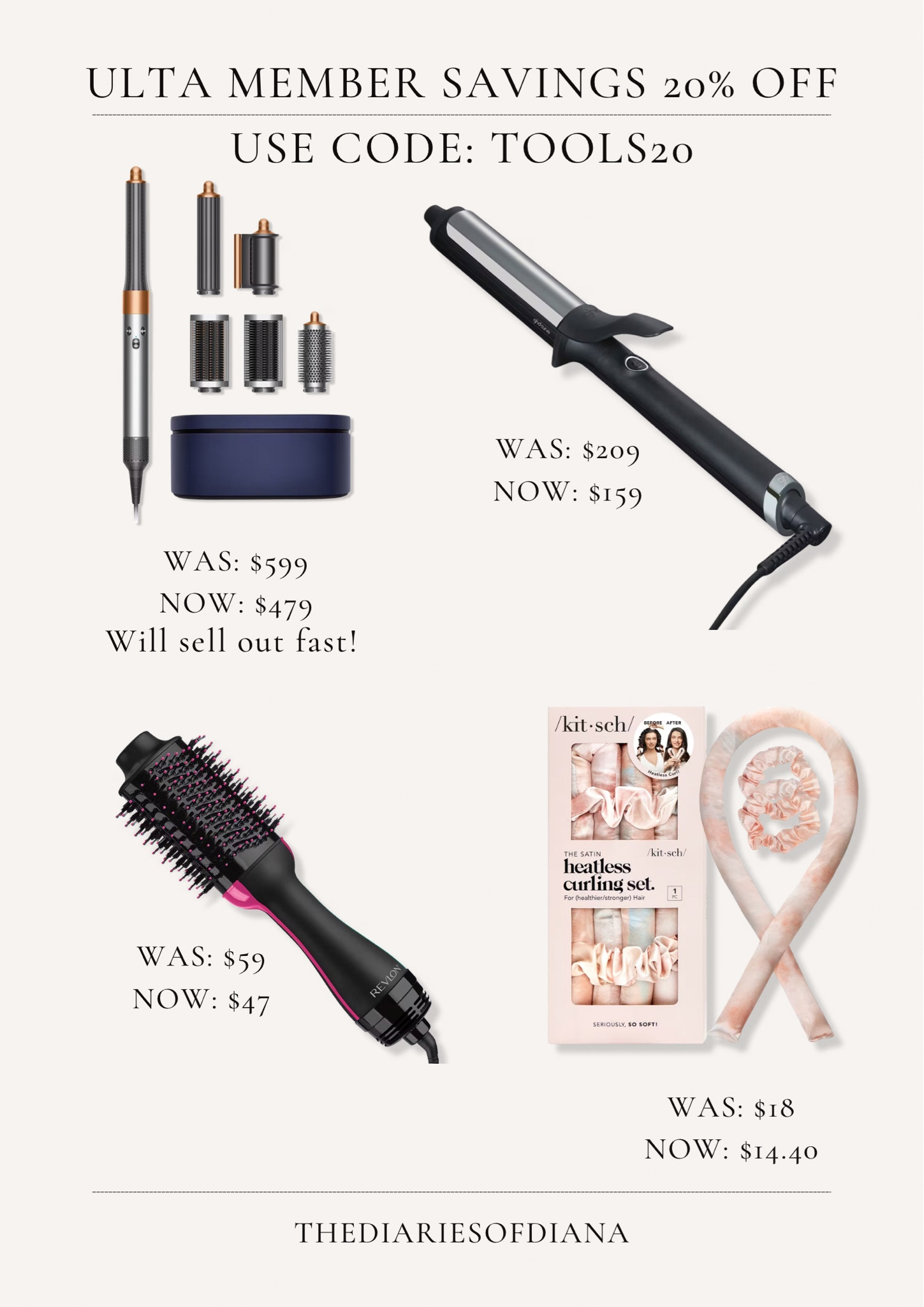 Ulta hair tools sale for 20% off! 

Dyson Airwrap swt
GHD 1.25 curler
Revlon hot hair brush and hair dryer 
Kitsch heat less curls 

Use code tools20

#LTKFindsUnder100 #LTKSaleAlert #LTKWatchNow