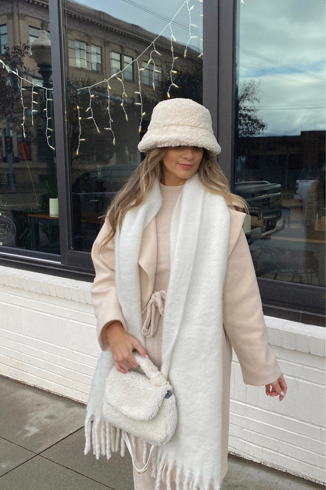 Lounge set, winter coat, winter fashion, bucket hat, Sherpa purse, Sherpa hat, winter outfit, cozy outfit, white scarf, knit scarf, cropped top, wide leg pants 

#LTKunder100