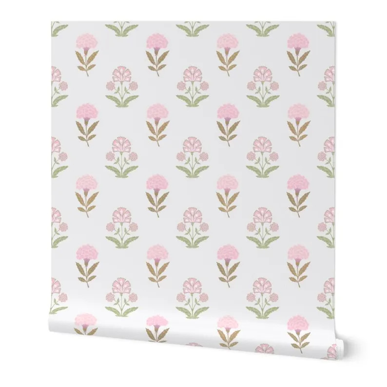 Pink Floral Block Print Peel and Stick Wallpaper | Etsy (Global)