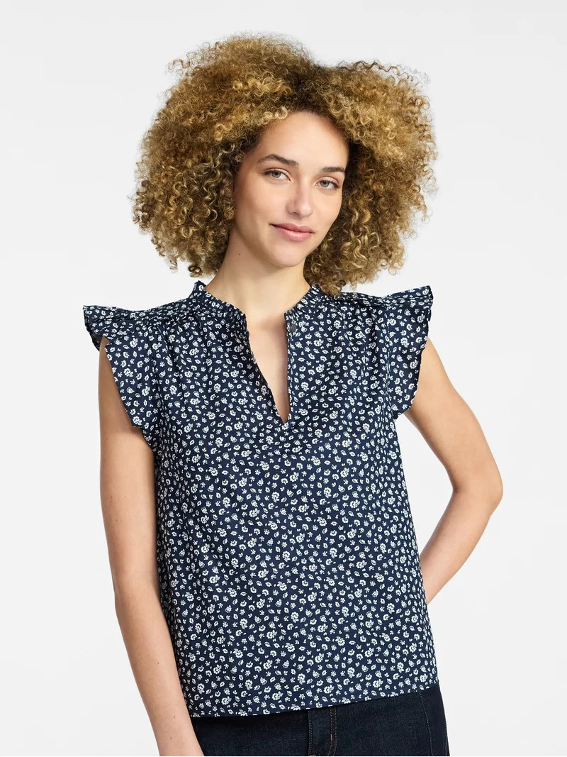 Time and Tru Women's Cotton Split Neck Top with Flutter Sleeves, Sizes XS-XXXL | Walmart (US)