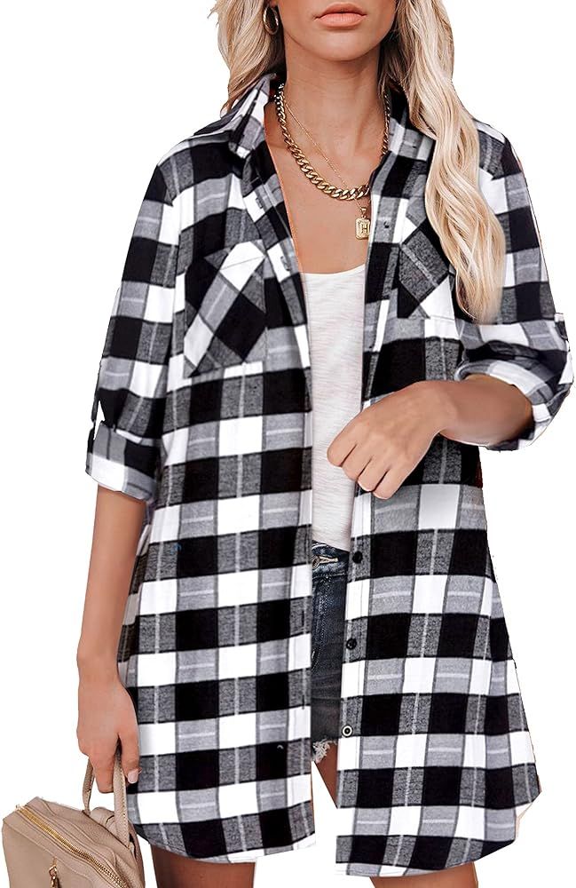 Hotouch Womens Flannel Plaid Shirts Dress Roll Up Long Sleeve Pockets Casual Button Down Long Shi... | Amazon (US)