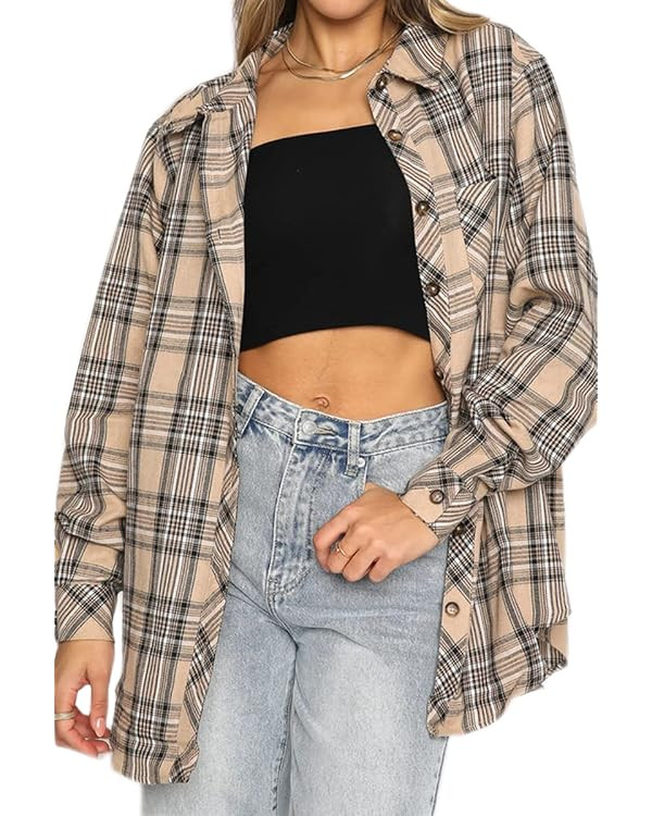 CHYRII Womens Button Down Flannel Shirts Long Sleeve Plaid Shackets Business Casual Blouse Top | Amazon (US)