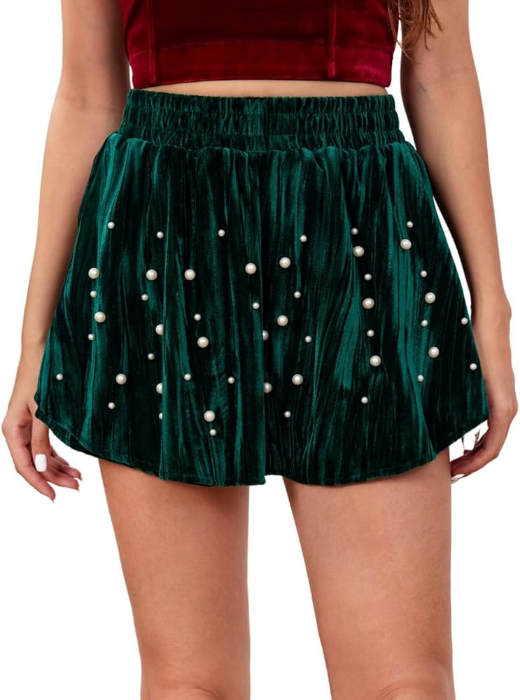 Kaei&Shi Pearl Velvet Mini Skirt,High Waisted Skort,Holiday Outfit Date Night Birthday Shorts Val... | Amazon (US)