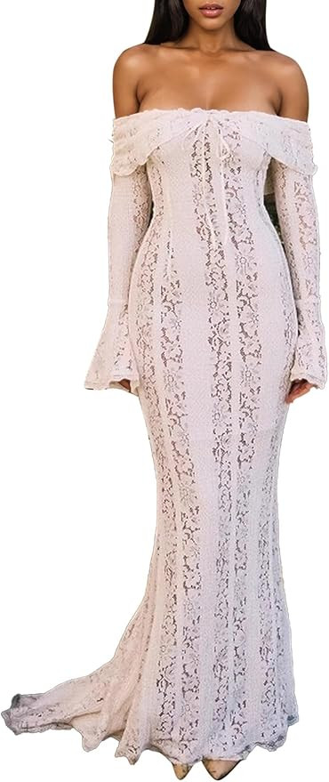 LETSVDO Women's Elegant Off Shoulder Lace Maxi Dress Bell Sleeve Bodycon Mesh Mermaid Dress(for W... | Amazon (US)