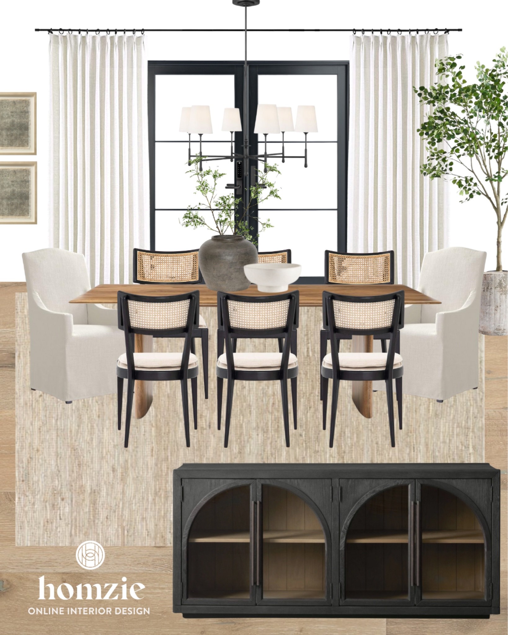 Dining room, modern classic dining room, dining room inspo, dining room inspiration, dining room mood board, dining room design, dining room ideas, upholstered dining chair, black dining chair, wood dining table, black sideboard, black console, black cabinet, neutral rug, dining room rug, dining room light fixture, dining room pendant, organic modern, curtain, curtains 

#LTKhome