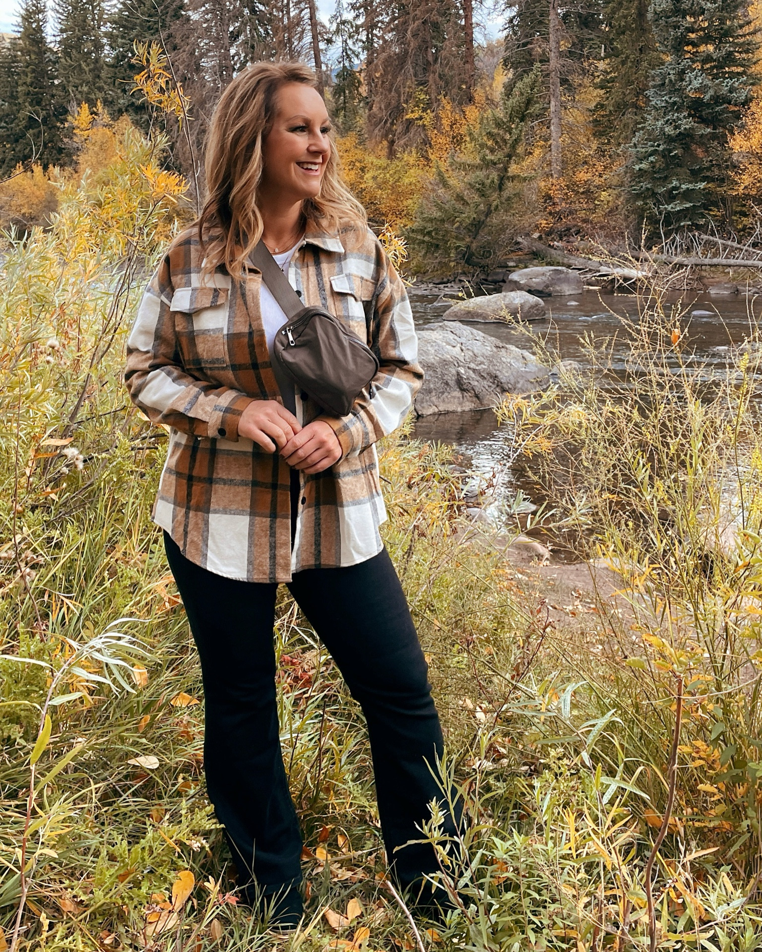 Casual dinner night in Colorado! Love this plaid shacket worn over a bodysuit and jeans. It’s not too heavy which makes for a perfect fall transitional look! My bag is the perfect Lululemon inspired look at a fraction of the price! Fall style. Flannel. Plaid. 

#LTKxPrime #LTKmidsize #LTKSeasonal