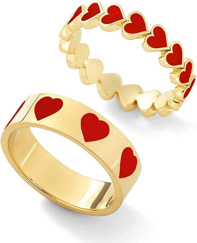YOOESTORES82 2PCS Colorful Heart Ring Gold Band Rings Set for Women Girl Couple. Cute Love Heart ... | Amazon (US)