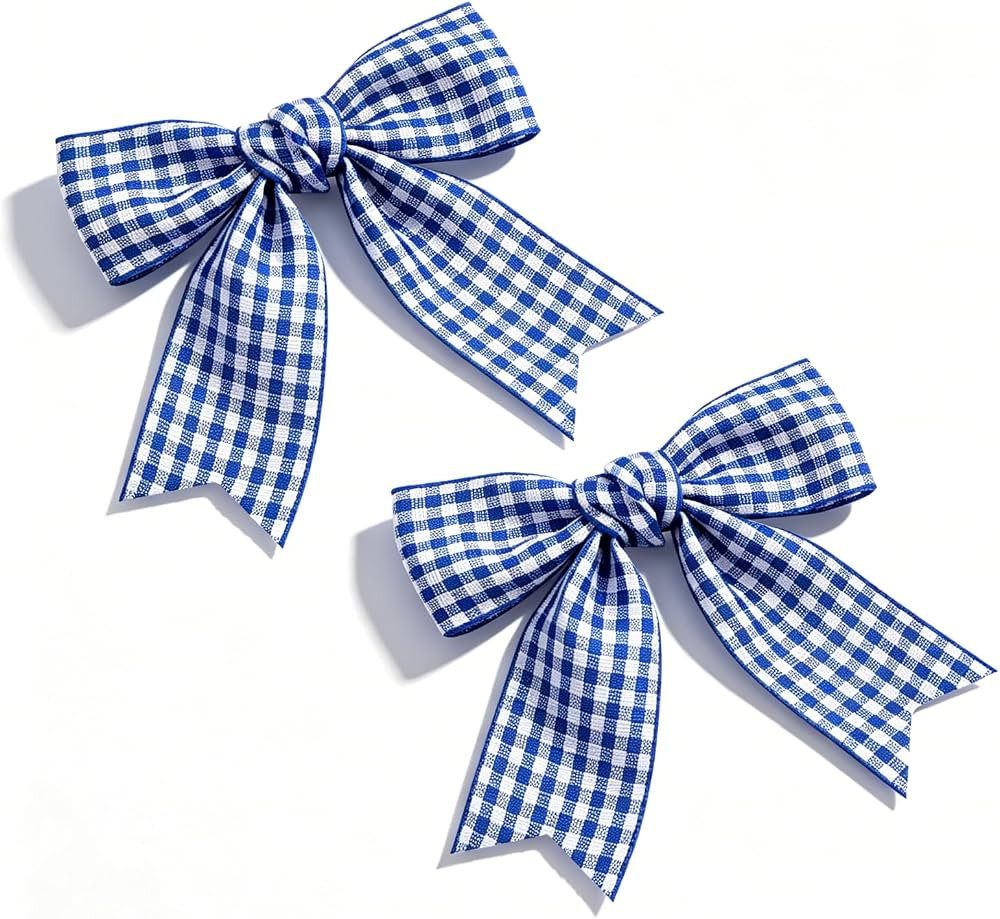 2PCS Gingham Hair Bows for Girls, 3 Inch Blue and White Plaid Bow Clips, Non-Slip Handmade Ribbon... | Amazon (US)